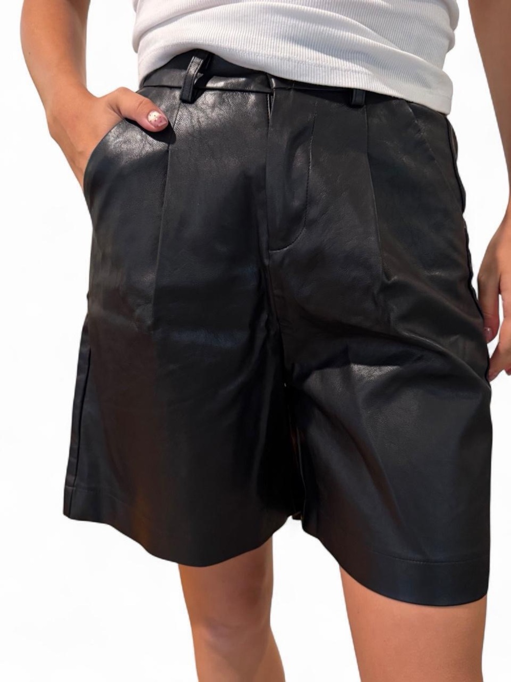 High-Rise Black Faux Leather Bermuda Shorts Small